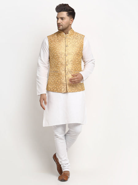 New Designer Men Rose Gold Brocade Nehru Jacket With Golden Work By Luxury at Less