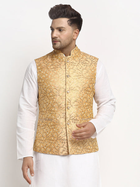 New Designer Men Rose Gold Brocade Nehru Jacket With Golden Work By Luxury at Less