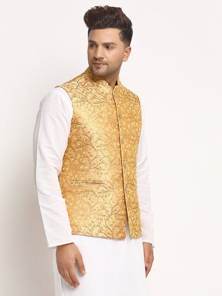 New Designer Men Rose Gold Brocade Nehru Jacket With Golden Work By Luxury at Less
