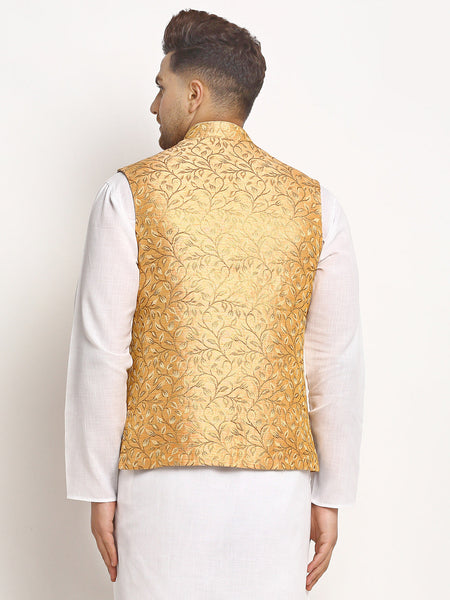 New Designer Men Rose Gold Brocade Nehru Jacket With Golden Work By Luxury at Less