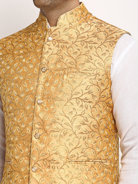 New Designer Men Rose Gold Brocade Nehru Jacket With Golden Work By Luxury at Less
