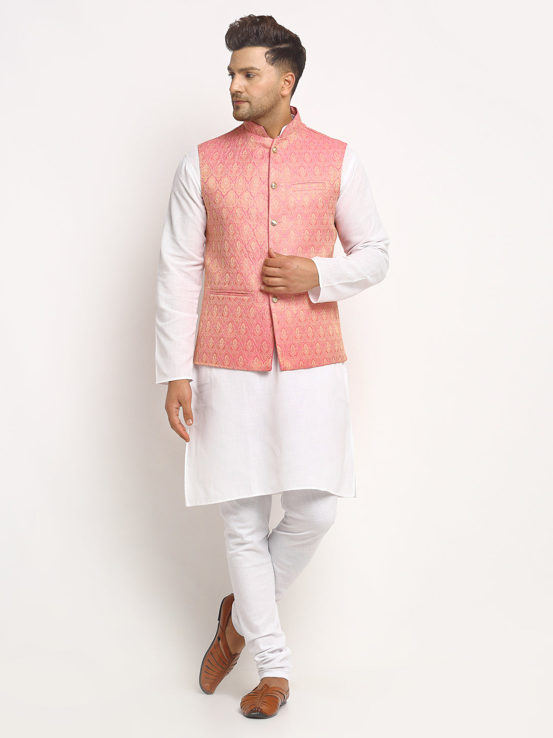 New Designer Men Pink Brocade Nehru Jacket With Golden Work By Luxury at Less