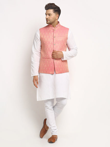 New Designer Men Pink Brocade Nehru Jacket With Golden Work By Luxury at Less