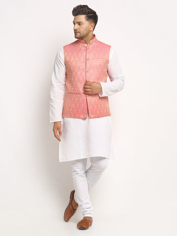 New Designer Men Pink Brocade Nehru Jacket With Golden Work By Luxury at Less