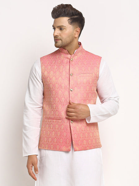New Designer Men Pink Brocade Nehru Jacket With Golden Work By Luxury at Less