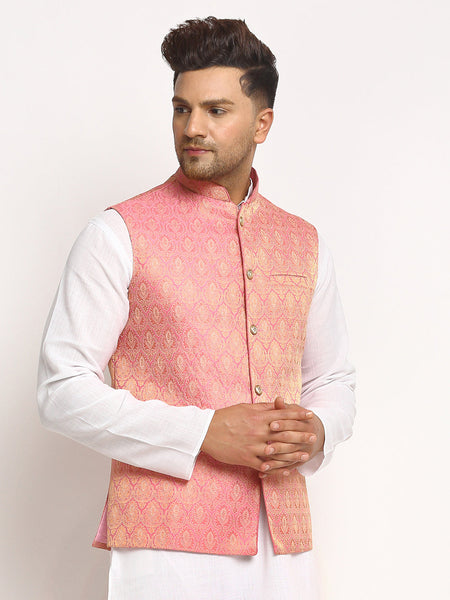 New Designer Men Pink Brocade Nehru Jacket With Golden Work By Luxury at Less
