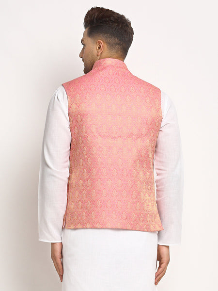 New Designer Men Pink Brocade Nehru Jacket With Golden Work By Luxury at Less
