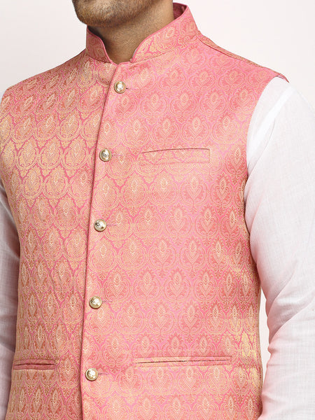 New Designer Men Pink Brocade Nehru Jacket With Golden Work By Luxury at Less