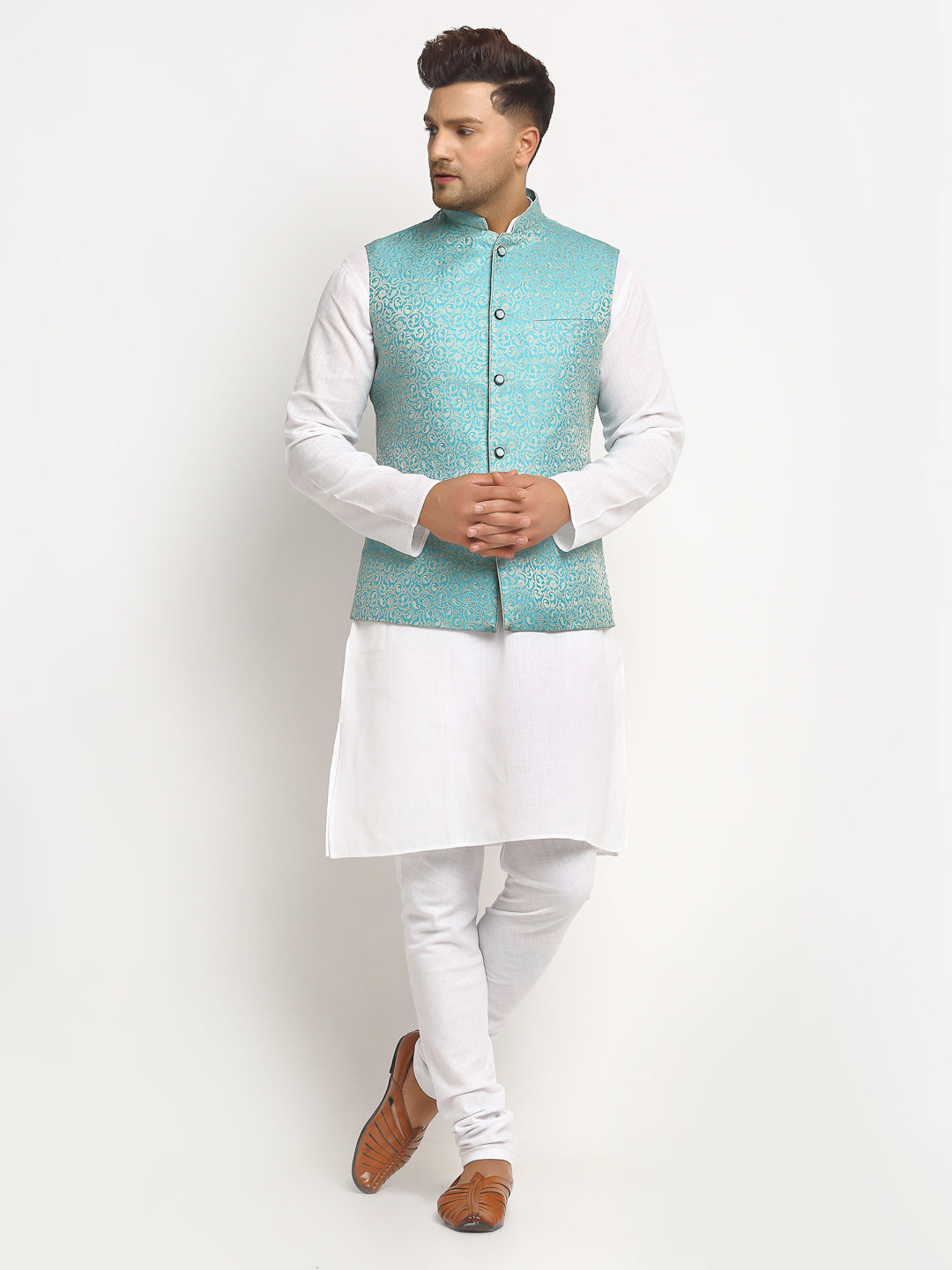 New Designer Men Turquoise Blue Brocade Nehru Jacket By Luxury at Less