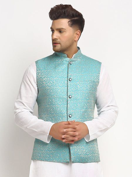 New Designer Men Turquoise Blue Brocade Nehru Jacket By Luxury at Less