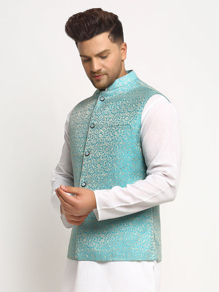New Designer Men Turquoise Blue Brocade Nehru Jacket By Luxury at Less