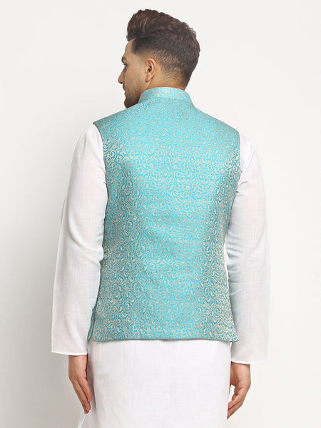 New Designer Men Turquoise Blue Brocade Nehru Jacket By Luxury at Less