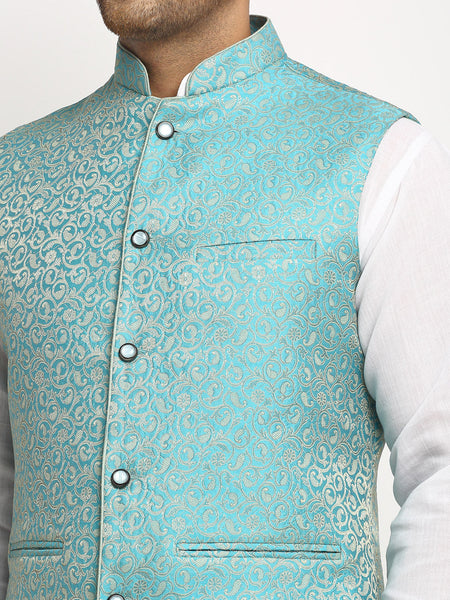 New Designer Men Turquoise Blue Brocade Nehru Jacket By Luxury at Less