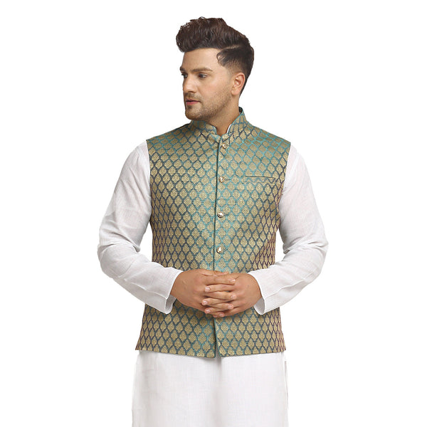 New Designer Men Sapphire Blue Brocade Nehru Jacket With Golden Work By Luxury at Less