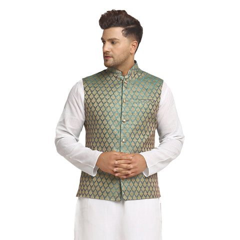 New Designer Men Sapphire Blue Brocade Nehru Jacket With Golden Work By Luxury at Less