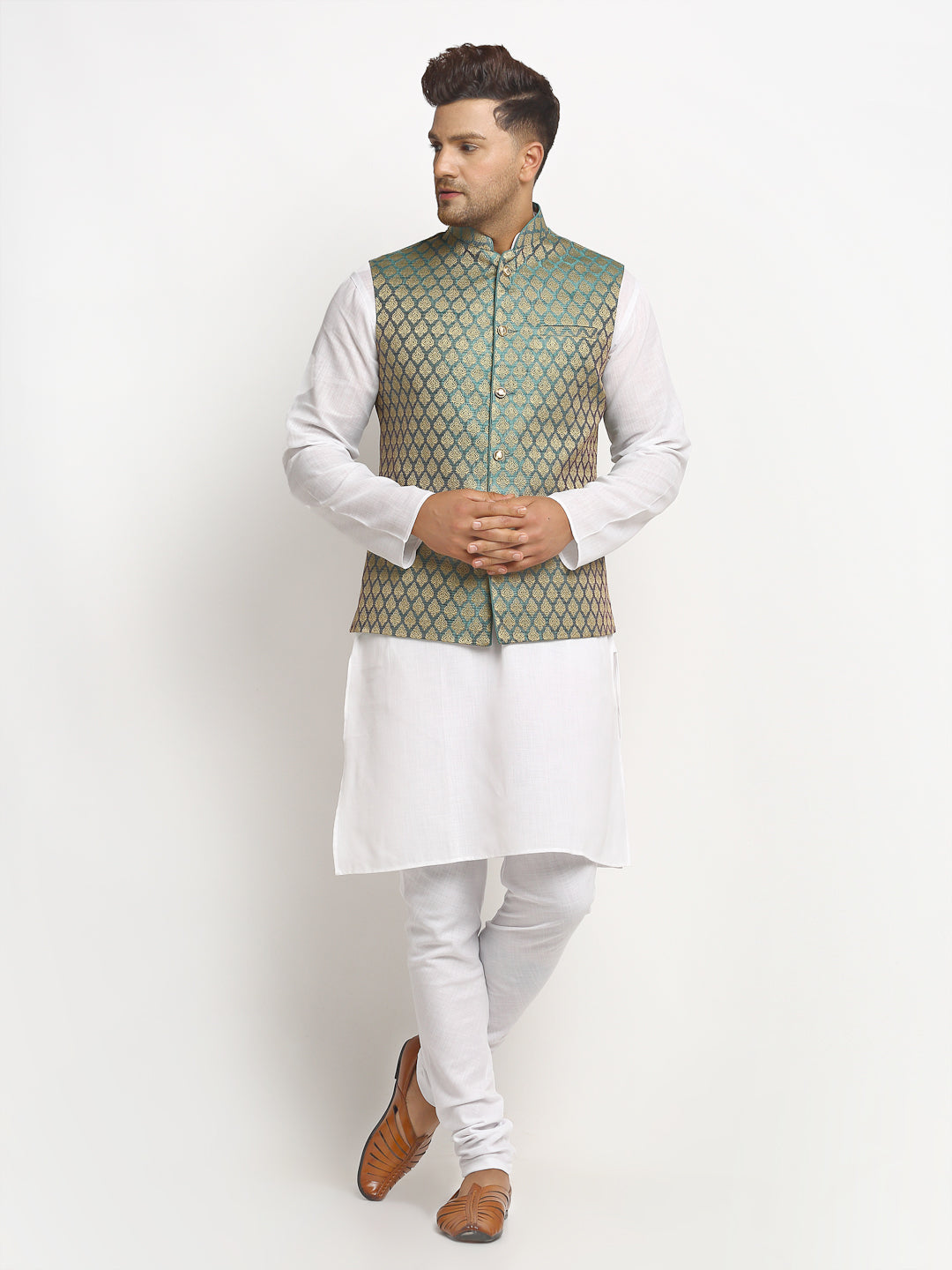 New Designer Men Sapphire Blue Brocade Nehru Jacket With Golden Work By Luxury at Less