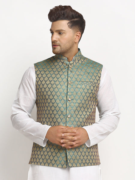 New Designer Men Sapphire Blue Brocade Nehru Jacket With Golden Work By Luxury at Less