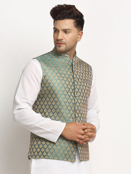 New Designer Men Sapphire Blue Brocade Nehru Jacket With Golden Work By Luxury at Less
