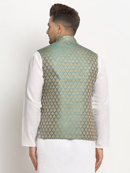 New Designer Men Sapphire Blue Brocade Nehru Jacket With Golden Work By Luxury at Less