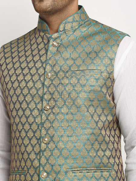 New Designer Men Sapphire Blue Brocade Nehru Jacket With Golden Work By Luxury at Less