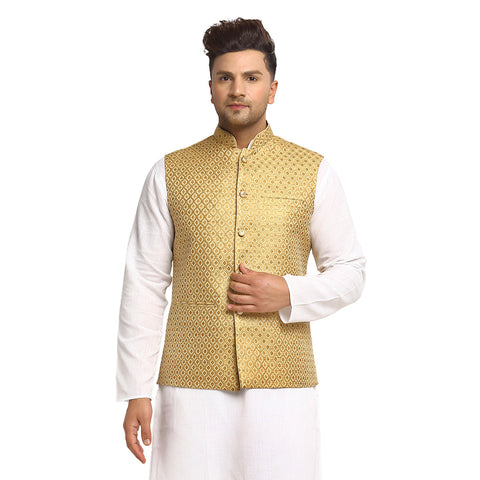 New Designer Men Golden Brocade Nehru Jacket With Golden Work By Luxury at Less