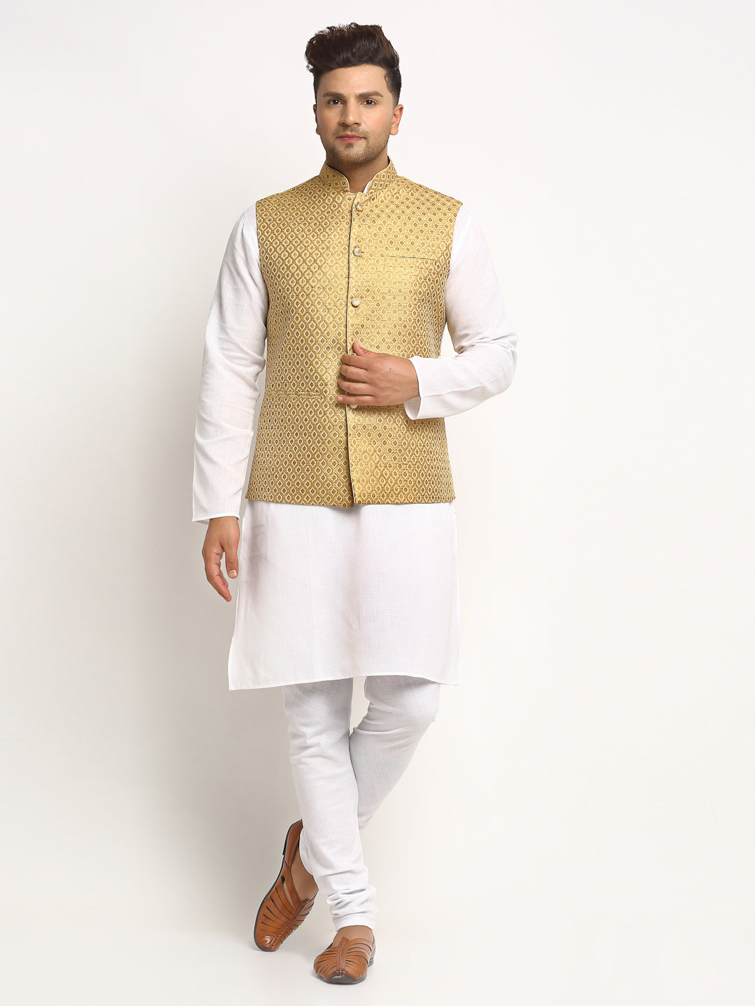 New Designer Men Golden Brocade Nehru Jacket With Golden Work By Luxury at Less