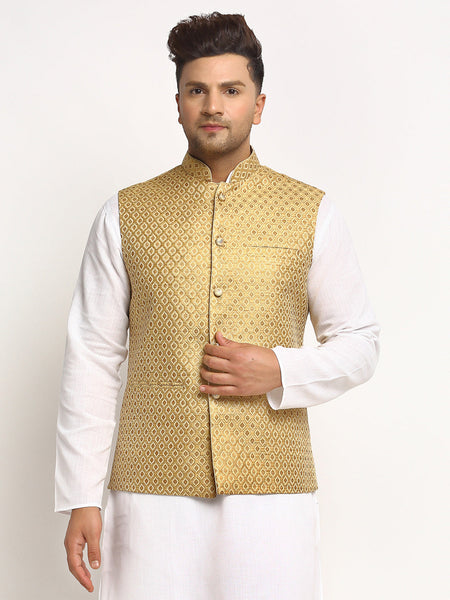 New Designer Men Golden Brocade Nehru Jacket With Golden Work By Luxury at Less