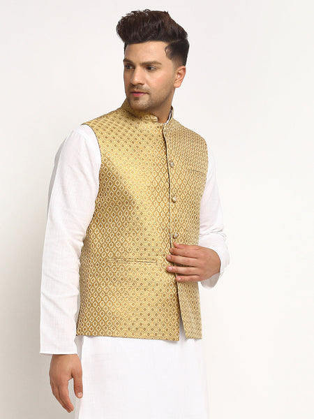 New Designer Men Golden Brocade Nehru Jacket With Golden Work By Luxury at Less