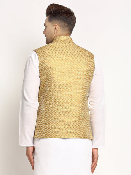 New Designer Men Golden Brocade Nehru Jacket With Golden Work By Luxury at Less