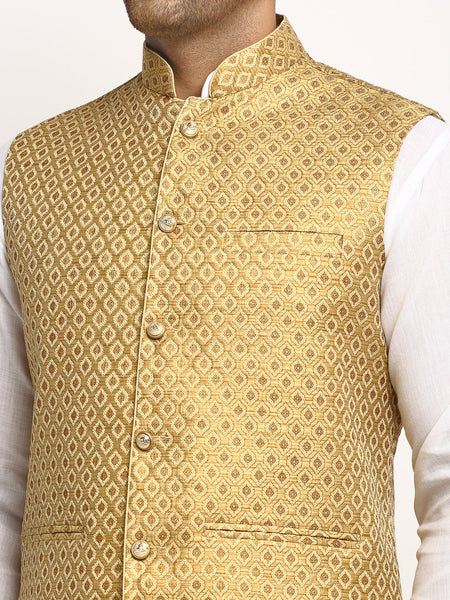 New Designer Men Golden Brocade Nehru Jacket With Golden Work By Luxury at Less