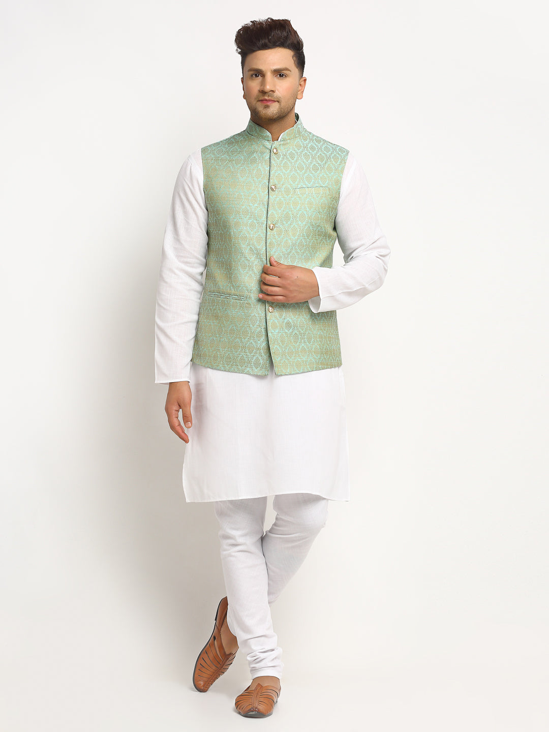 New Designer Men Turquoise Green Brocade Nehru Jacket With Golden Work By Luxury at Less