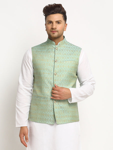 New Designer Men Turquoise Green Brocade Nehru Jacket With Golden Work By Luxury at Less