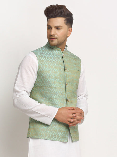 New Designer Men Turquoise Green Brocade Nehru Jacket With Golden Work By Luxury at Less