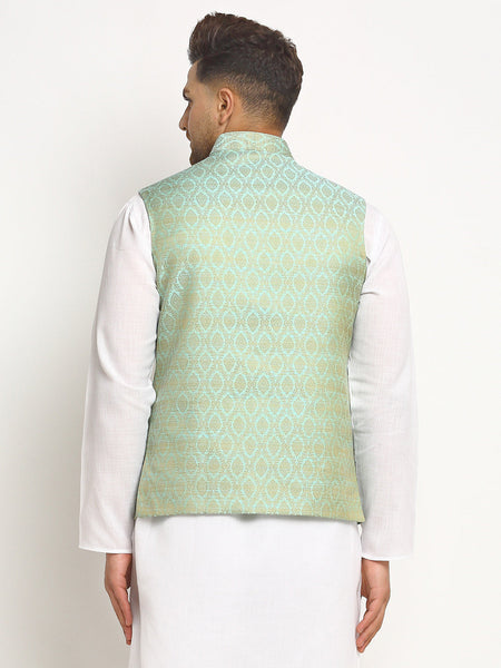 New Designer Men Turquoise Green Brocade Nehru Jacket With Golden Work By Luxury at Less