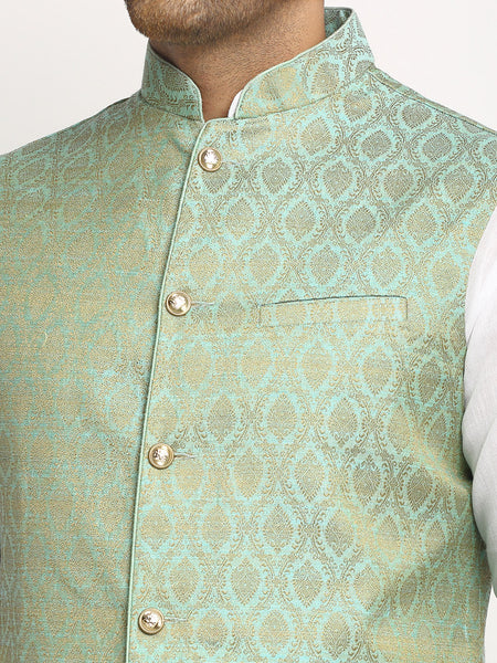 New Designer Men Turquoise Green Brocade Nehru Jacket With Golden Work By Luxury at Less