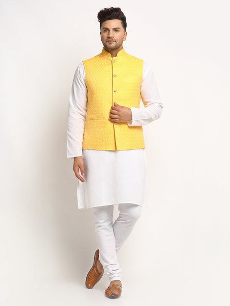 New Designer Men Yellow Brocade Nehru Jacket With Golden Work By Luxury at Less