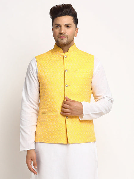 New Designer Men Yellow Brocade Nehru Jacket With Golden Work By Luxury at Less