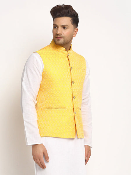 New Designer Men Yellow Brocade Nehru Jacket With Golden Work By Luxury at Less