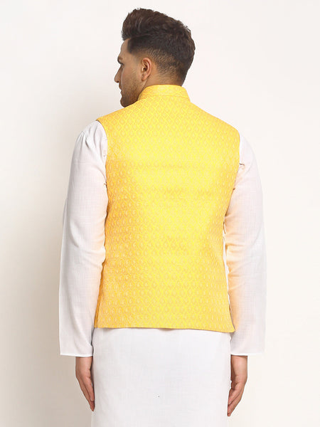 New Designer Men Yellow Brocade Nehru Jacket With Golden Work By Luxury at Less