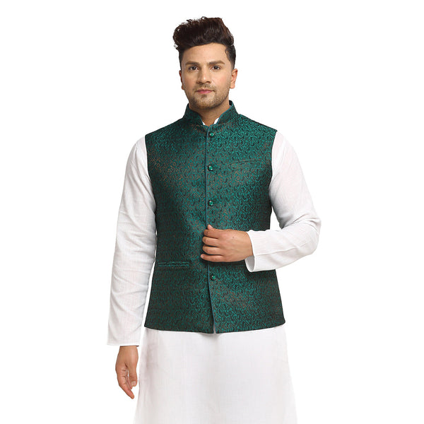 New Designer Men Bottle Green  Brocade Nehru Jacket With Golden Work By Luxury at Less