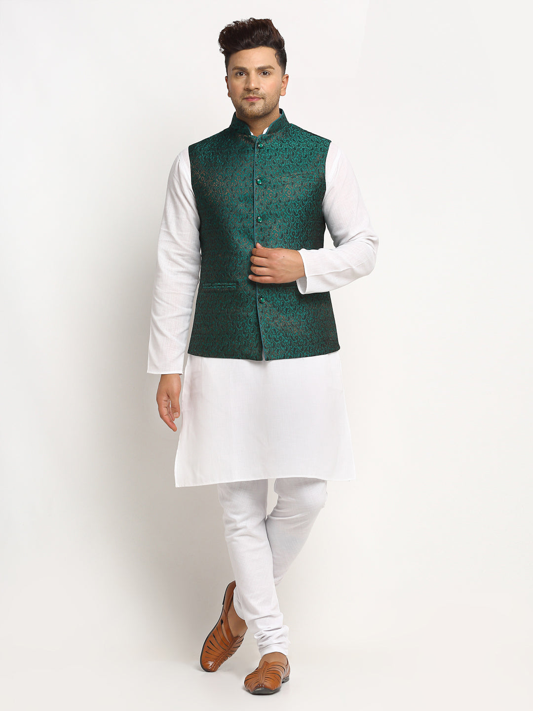 New Designer Men Bottle Green  Brocade Nehru Jacket With Golden Work By Luxury at Less