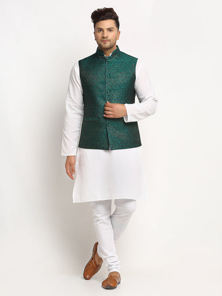 New Designer Men Bottle Green  Brocade Nehru Jacket With Golden Work By Luxury at Less