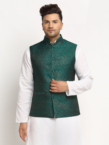 New Designer Men Bottle Green  Brocade Nehru Jacket With Golden Work By Luxury at Less