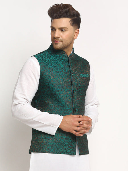 New Designer Men Bottle Green  Brocade Nehru Jacket With Golden Work By Luxury at Less