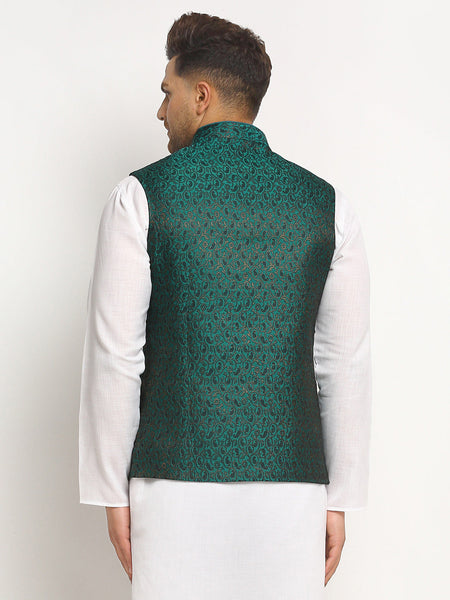 New Designer Men Bottle Green  Brocade Nehru Jacket With Golden Work By Luxury at Less