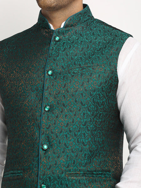 New Designer Men Bottle Green  Brocade Nehru Jacket With Golden Work By Luxury at Less