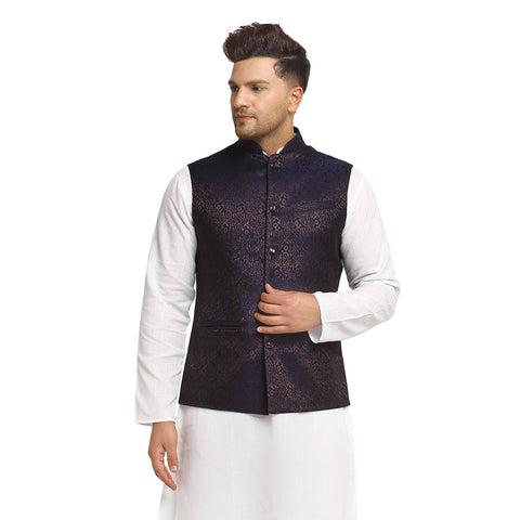 New Designer Men Navy Blue Brocade Nehru Jacket With Golden Work By Luxury at Less