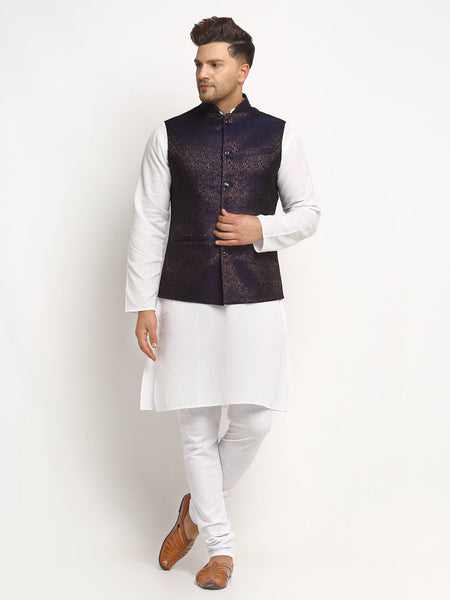 New Designer Men Navy Blue Brocade Nehru Jacket With Golden Work By Luxury at Less