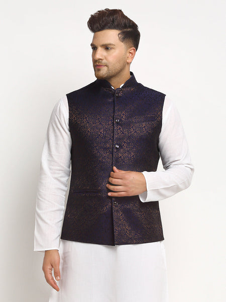 New Designer Men Navy Blue Brocade Nehru Jacket With Golden Work By Luxury at Less