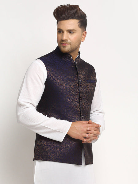 New Designer Men Navy Blue Brocade Nehru Jacket With Golden Work By Luxury at Less